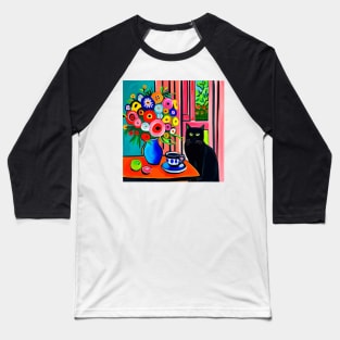 Black Cat with Cute Abstract Flowers in a Blue Vase Still Life Painting Baseball T-Shirt